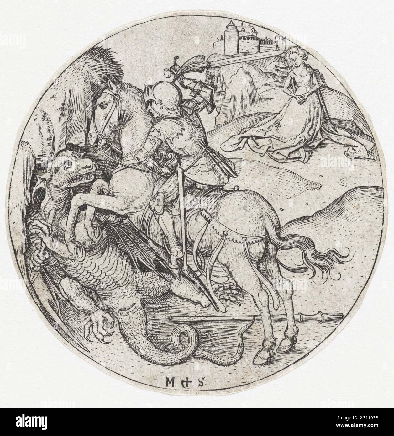 Saint George Slaying the Dragon. Like many other renowned printmakers, Schongauer learned to draw and engrave in a goldsmith’s workshop. This print is also conceivable as executed in precious metal, for example as the decoration of the well of a plate. Schongauer here depicts the moment when George raises his sword to give the death blow to the monster. Its eyes wide open, the dragon awaits its fate. Stock Photo