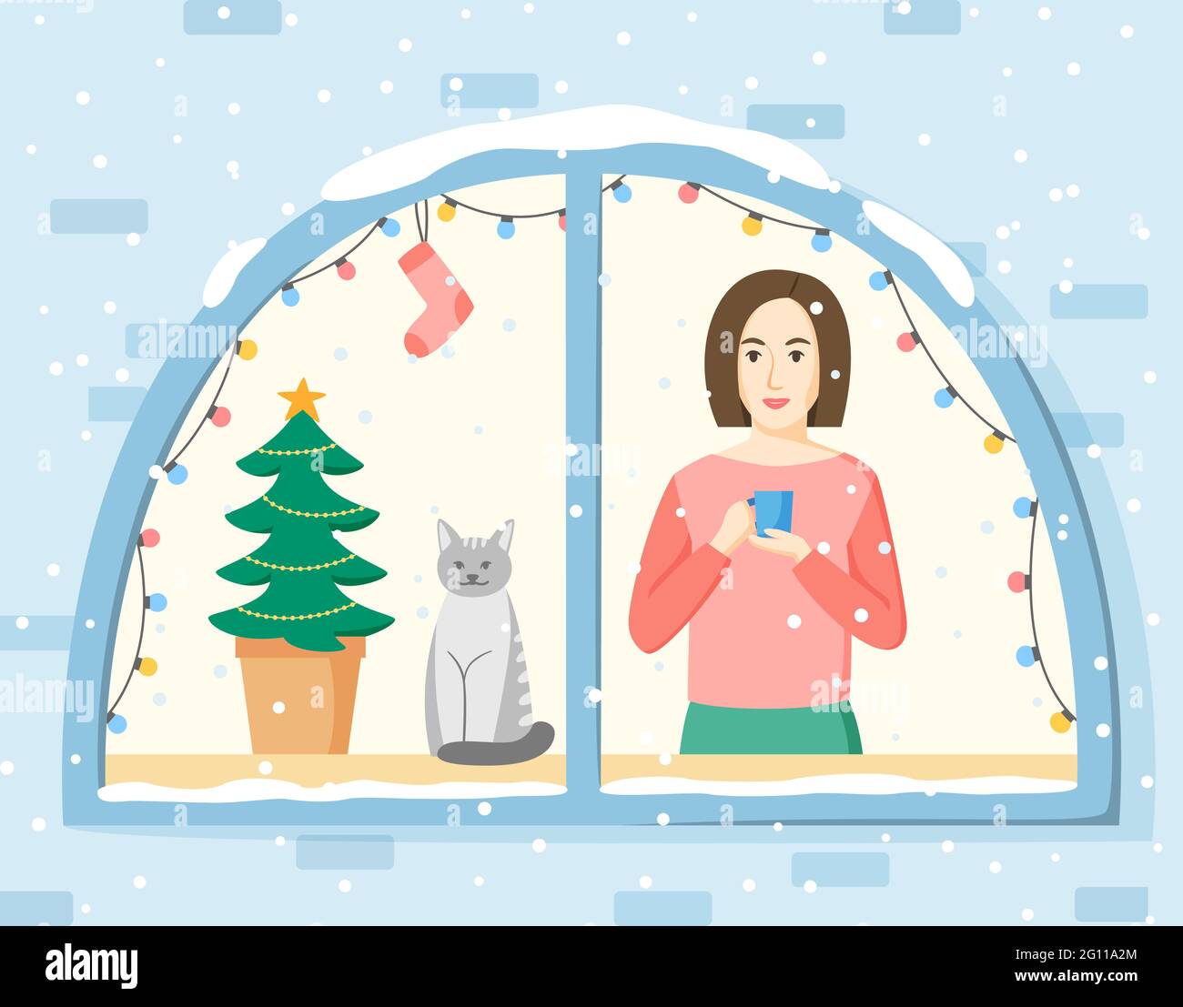 Christmas illustration. Woman standing in front of window and watching snowing. Girl, cat and Christmas tree in window decorated with lamp garland and Stock Vector