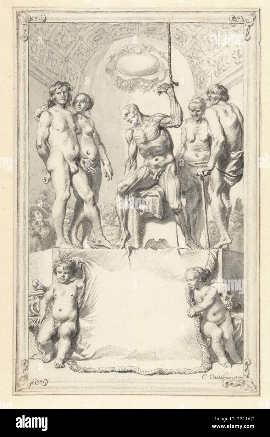 Title Page with Models for Anatomical Drawing Exercises. An écorché (a figure with the skin removed to display the musculature), presented as a living man, sits on a dais flanked by a young man and woman, and an elderly couple. A mixed audience looks on from behind. This drawing may have been made for a book of the Haarlem Guild of Saint Luke. Casper Casteleyn had just joined this professional artists’ association in 1653, the very year he made this drawing. Stock Photo