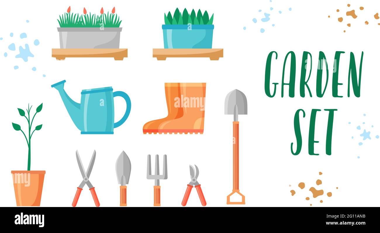 Garden tools and plants set. Gardening equipment and items collection for farm or yard. Rubber boots, scissors, shovel, fork, pruners. Flat vector Stock Vector