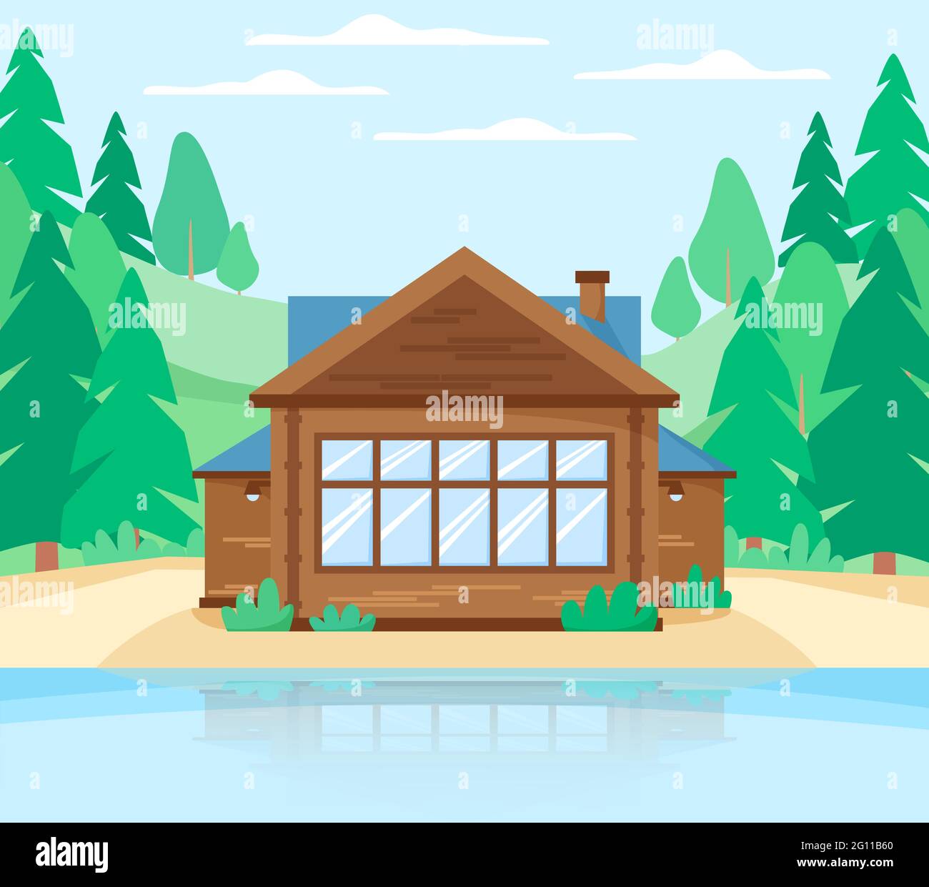 Wooden cottage in forest near lake. country house beautiful landscape with rustic landscape, lake, house and pine trees Stock Vector