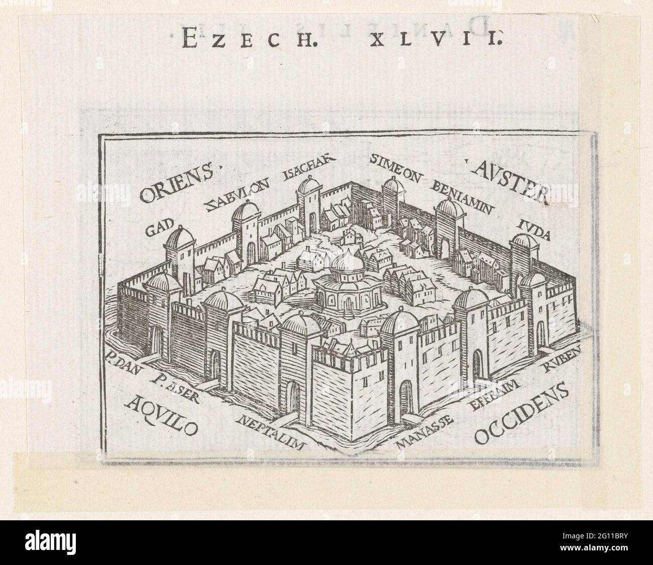 Heavenly city in vision of Ezekiel. The heavenly city with the new temple such as Ezekiel this sees in a vision. The wind directions are indicated and there are names of the tribes of Israel at the gates. The text Ezech is in the margin above the image. XLVII. Stock Photo
