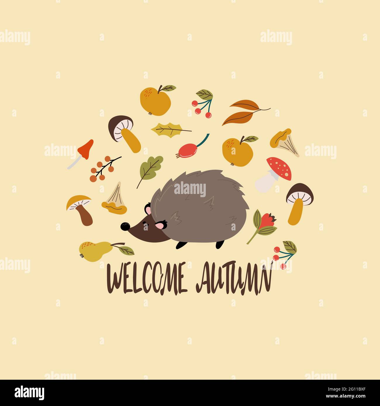 Hedgehog and set of autumn leaves and fruits Stock Vector