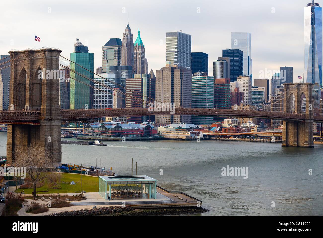 Brooklyn Bridge over East River, connecting Brooklyn with Manhattan, New York city. Stock Photo