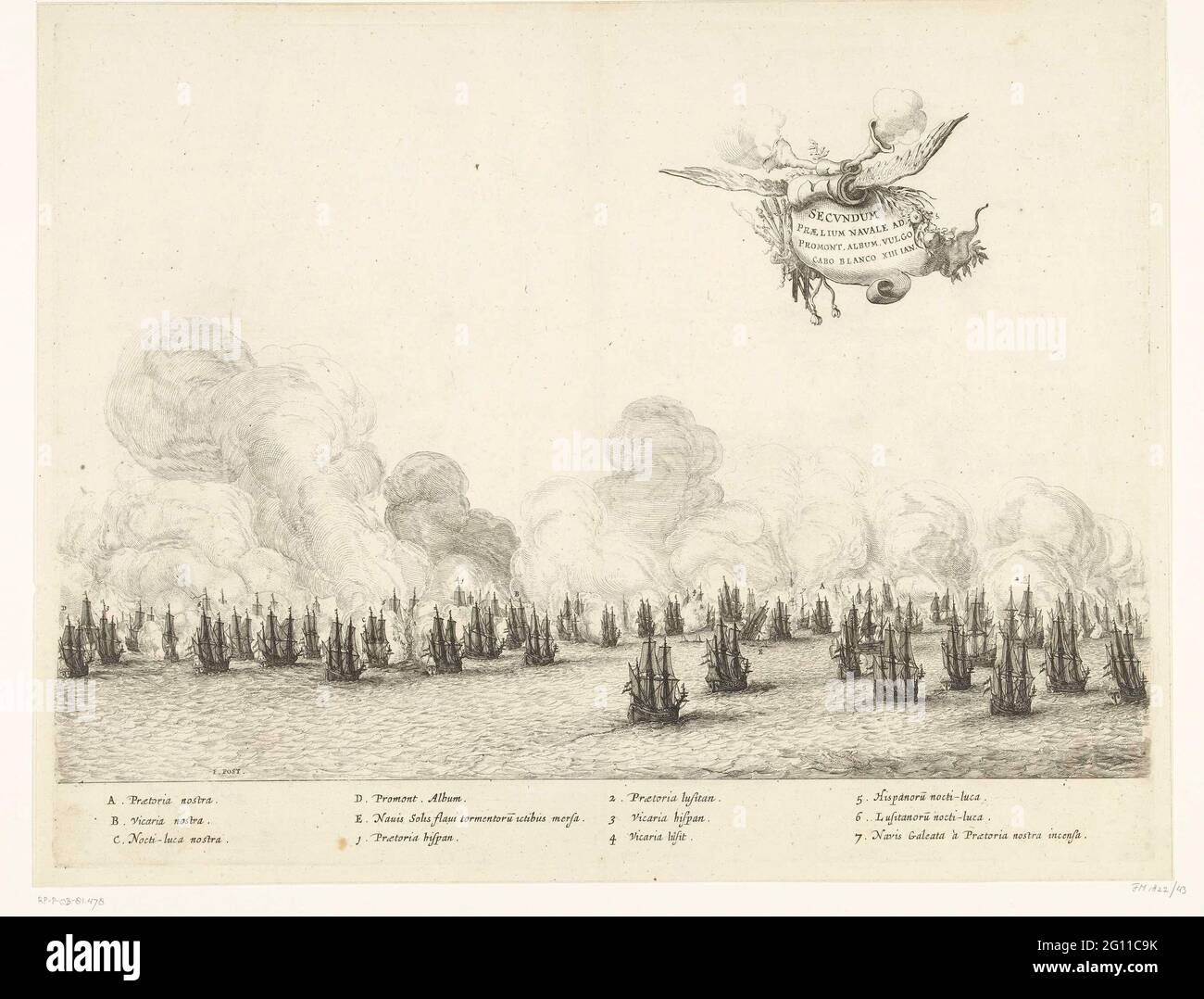 Second battle with the Portuguese fleet at Cabo Blanco, 1640; Secundum Praelium Navale Ad Promont, album, Vulgo Cabo Blanco XIII Jan .. Second fight between the fleet of the WIC under Willem Cornelisz. Loos with the Portuguese fleet under Graaf de la Torre at Cabo Blanco (Branco), off the coast at Salvador (Bahia), January 13, 1640. In the air a winged banderole with the title and two smoke horns. In the caption, the explanation of the letters A-E and the figures 1-7 in Latin. Plate [No. 43] In a series of 55 performances from the trip to and stay in Brazil from Count Johan Maurits from Nassau Stock Photo