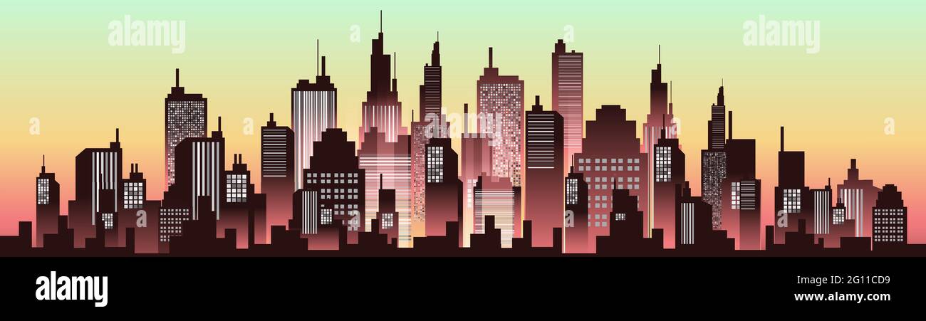 Urban Silhouette Panoramas in Evening Sunset. Vector Cityscape illustration. Stock Vector