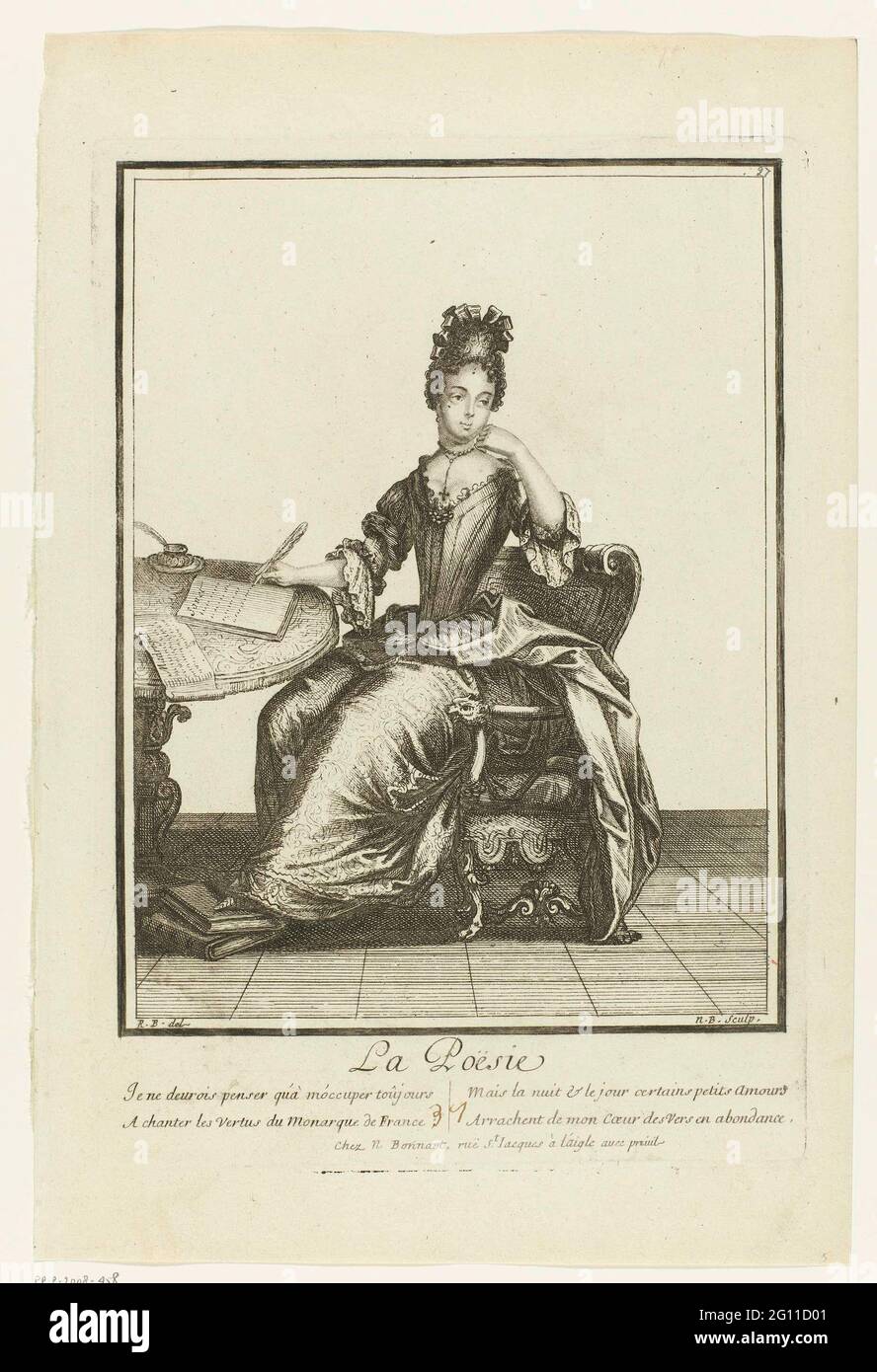 Poetry; La poesie; Persons of the seven liberal arts. Woman in an armchair, writing spring in