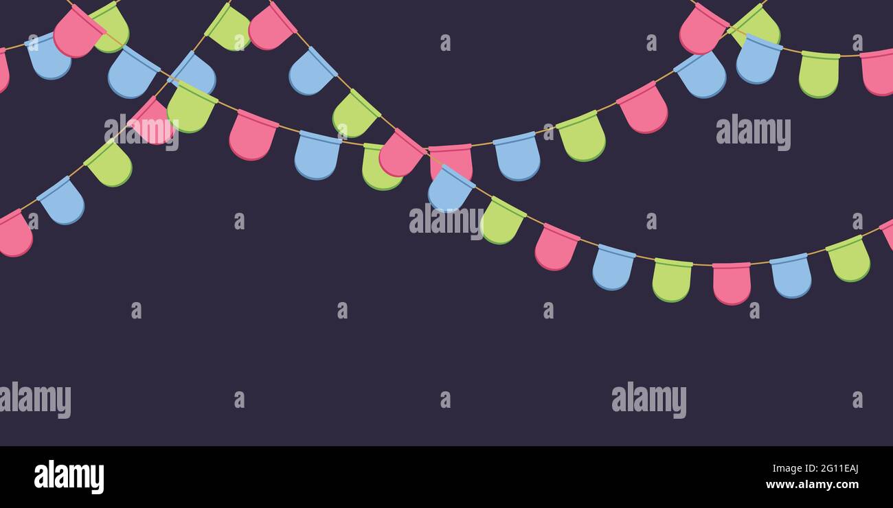 Seamless garland with celebration flags chain, pink, blue, green