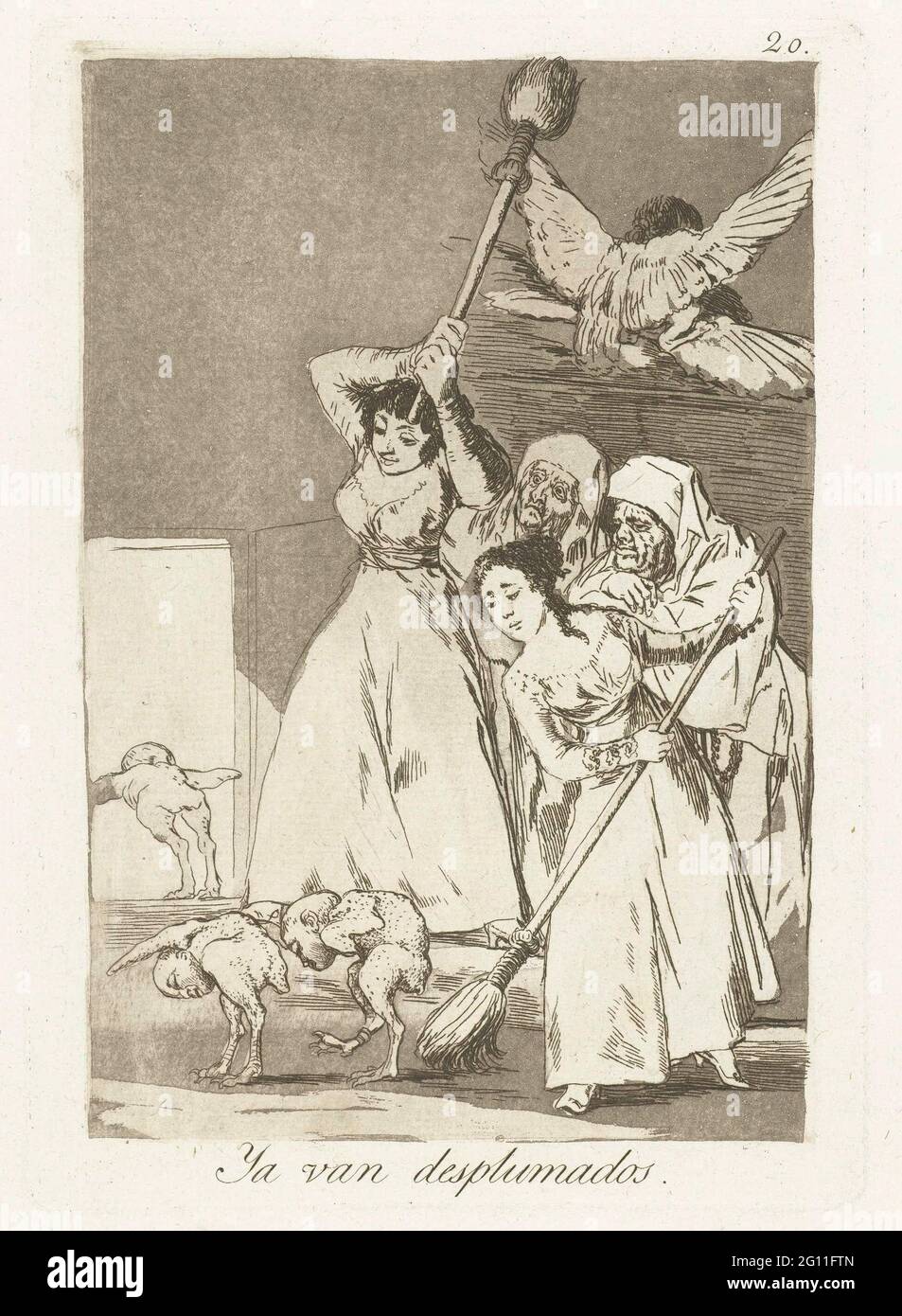 They are plucked there; Ya of Desplumados; Los Caprichos. Two women chase  away with a broom the picked men with chicken body. Behind them are two  monks. Twentieth print from the Los