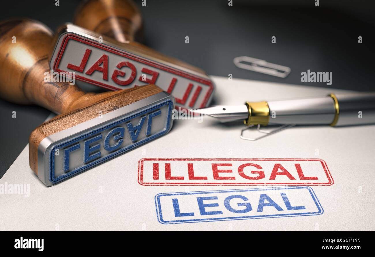 3d illustration of two words legal and illegal printed on a sheet of paper and two rubber stamps. Concept of society rules and policies. Stock Photo