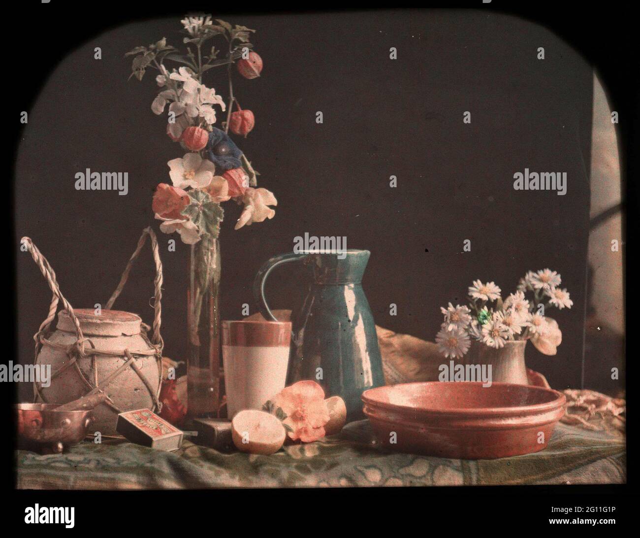 Still life with flowers, fruit, vases and pottery Stock Photo - Alamy