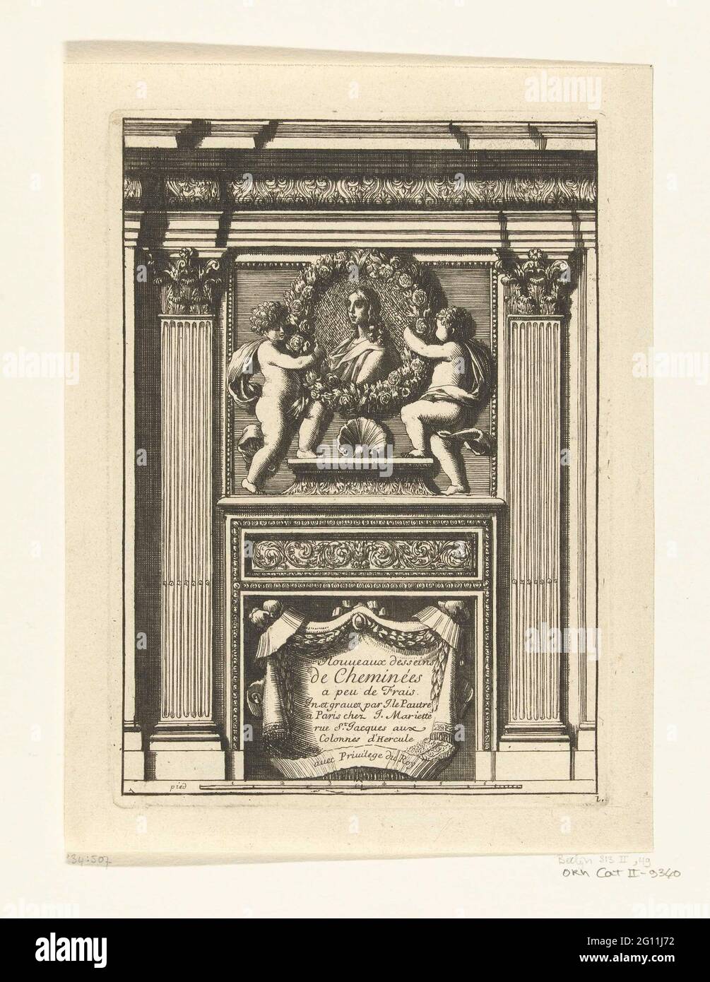 Title page: Nouueaux disseers de cheminées a peu de frais; Nouueaux Dessseins the Cheminées A Peu de Frais. Underbouble. On the Architraaf is a pedestal with two putti that gain a flower wreath with the portrait of a young man in it. From second edition. Stock Photo