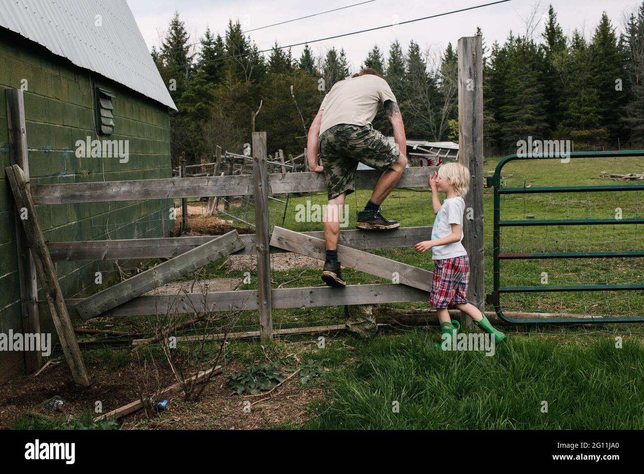 Canada, Kingston, Boy assisting father climbing over fence in field Stock Photo