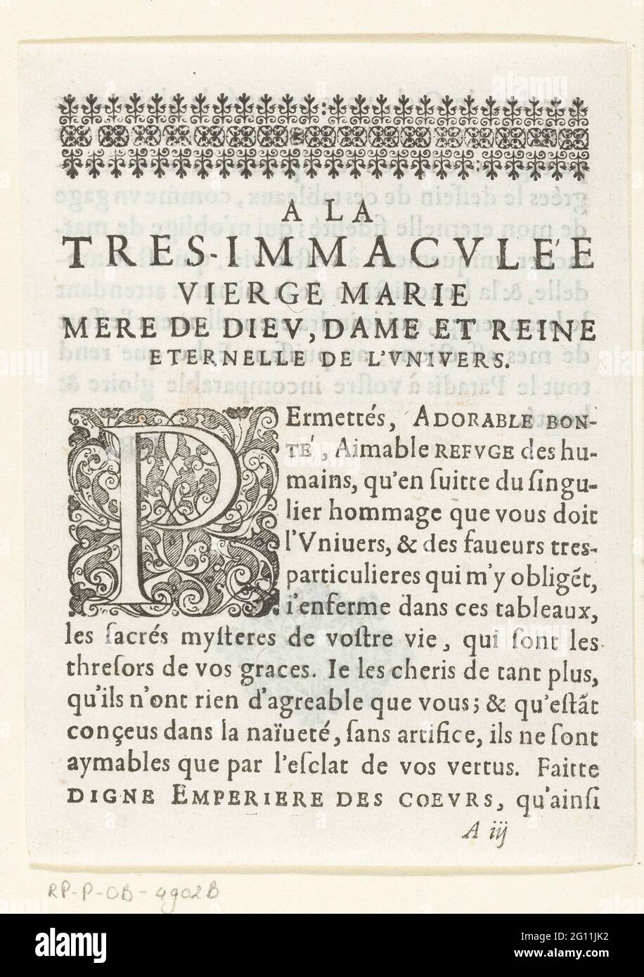 Hymn on Mary belonging to the logo series 'Life of Mary in Emblems'; A la Tres-immaculée Vierge Marie Mere de Dieu, Dame et Reine Eternelle de l'Univers; Life of Mary in emblems. A loving text, focused on Mary, stated in Frans prose. This sheet (printed on both sides) is part of the first state of the 'Life of Maria's Life in Emblem', which includes two hymns and 26 emblems in addition to a title page and this hymn. Stock Photo