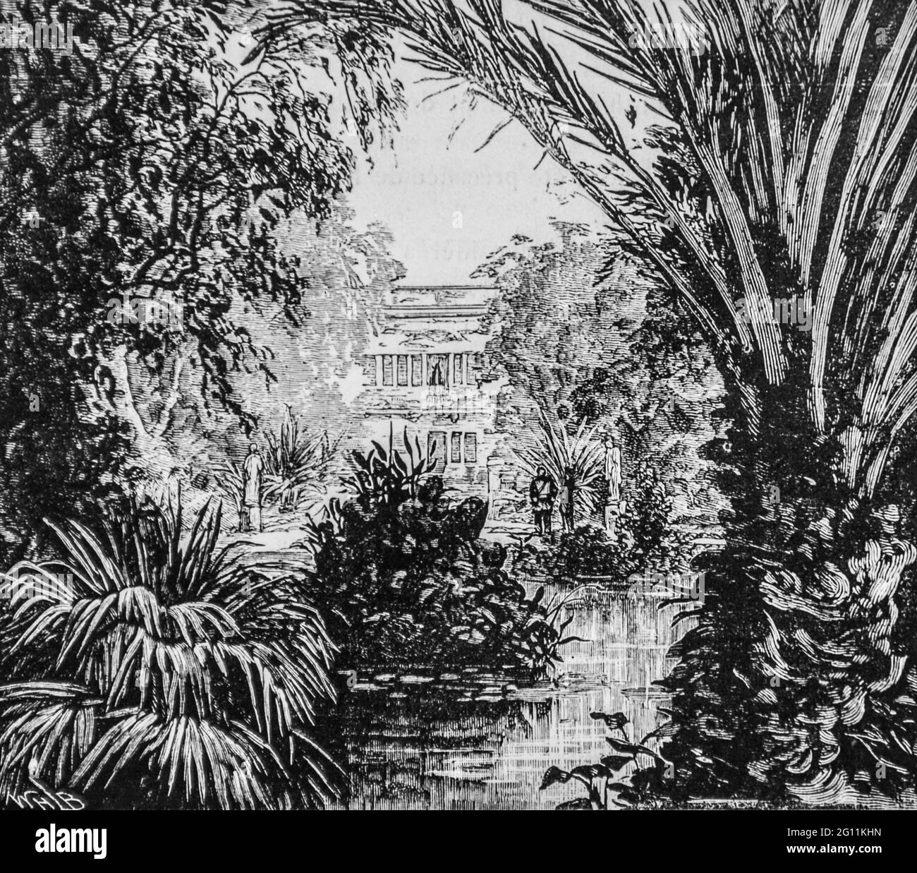 jardin du palais du khedive a rameh a alexendrie ,l'univers illustre 1882,editeur librairie nouvelle Stock Photo