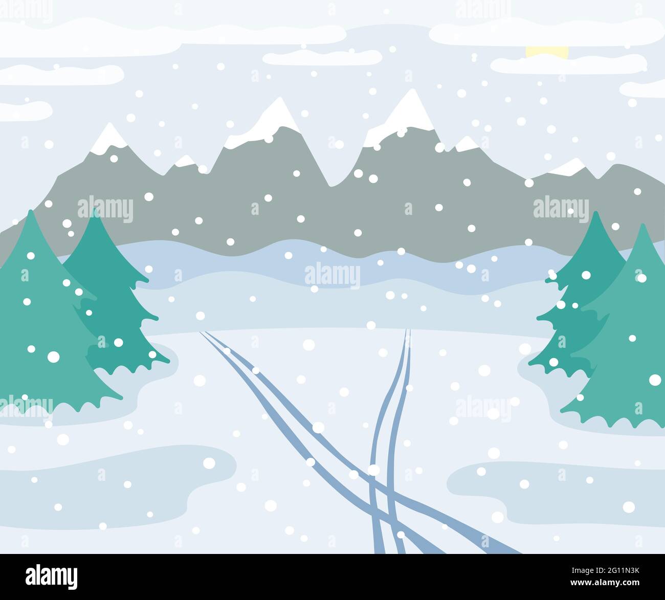 Snowy winter mountains landscape with ski tracks on snow, spruce trees, forest and hills, winter outdoor view with traces, countryside nature illustra Stock Vector