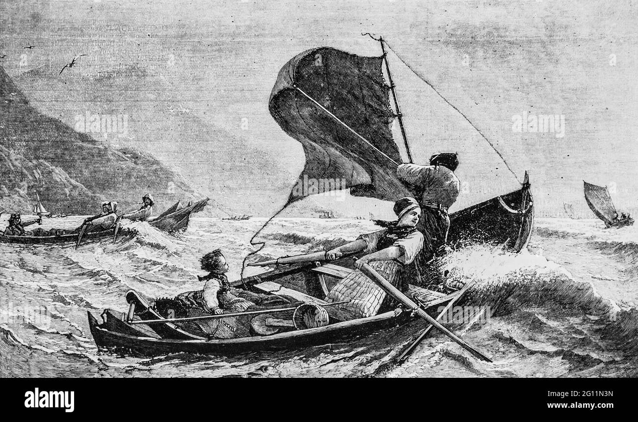 bateau de peche sur les cotes de norvege ,l'univers illustre 1882,editeur librairie nouvelle Stock Photo