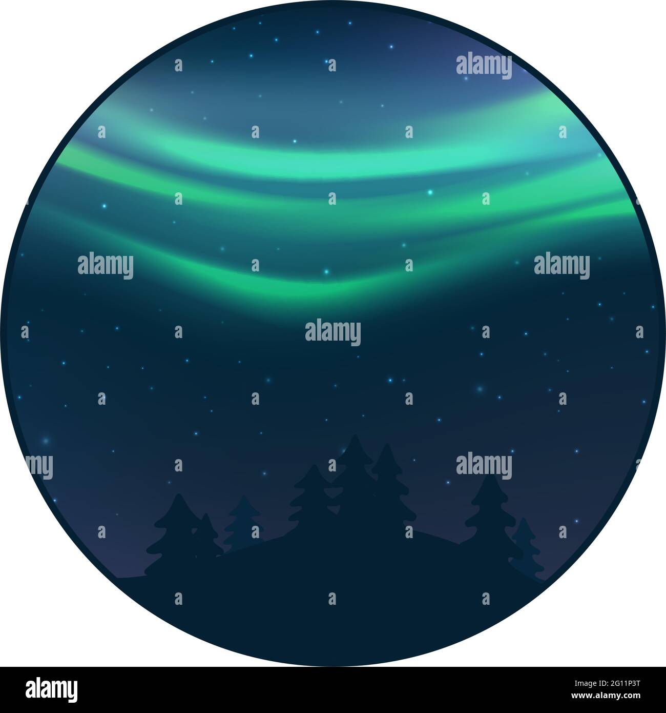 Night sky with aurora over spruce forest, green northern light with stars, polar light glowing, polar streamers. Vector illustration Stock Vector