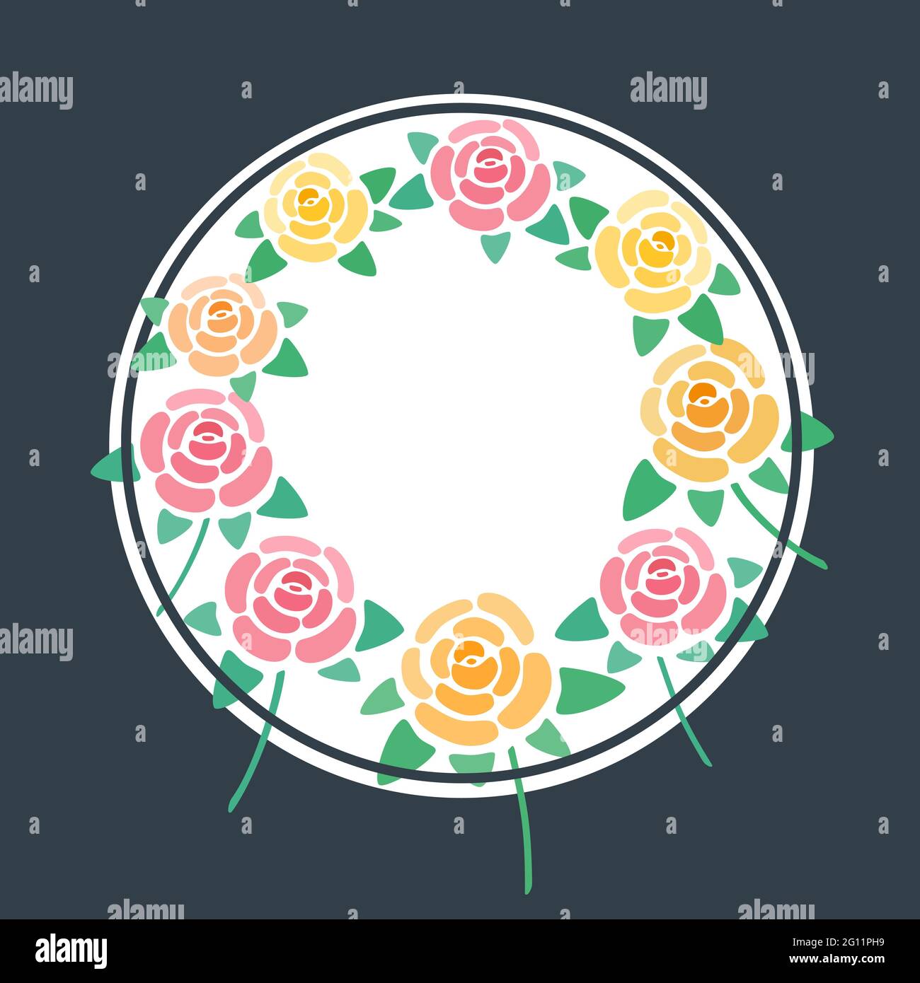 Red and yellow roses round frame, place for text from rose blossoms ...
