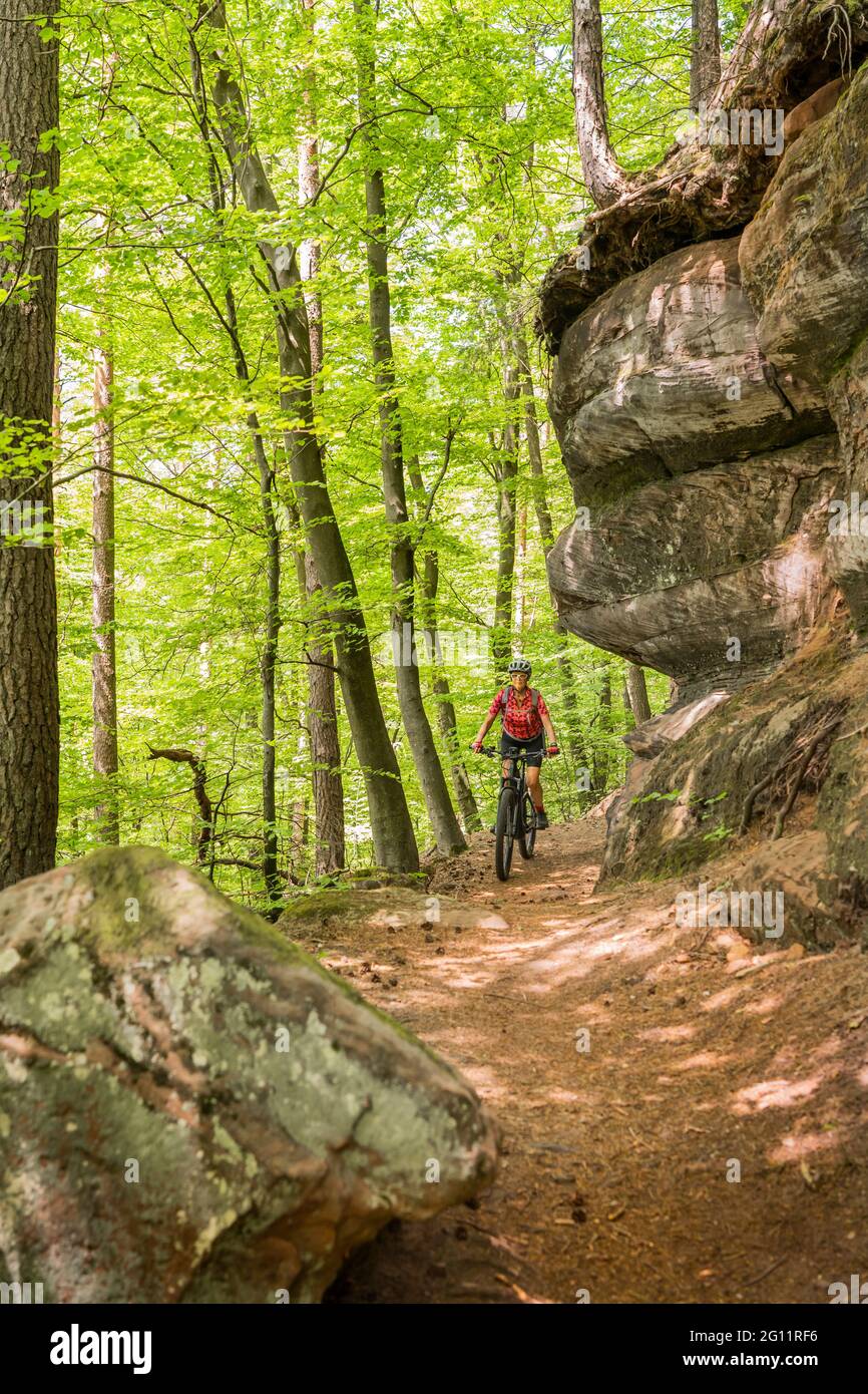 nicesenior woman riding her electric mountain bike on a rocks trail in the  Pfaelzerwald forest near the city of Pirmasens in Rheinland-Pfalz, German  Stock Photo - Alamy