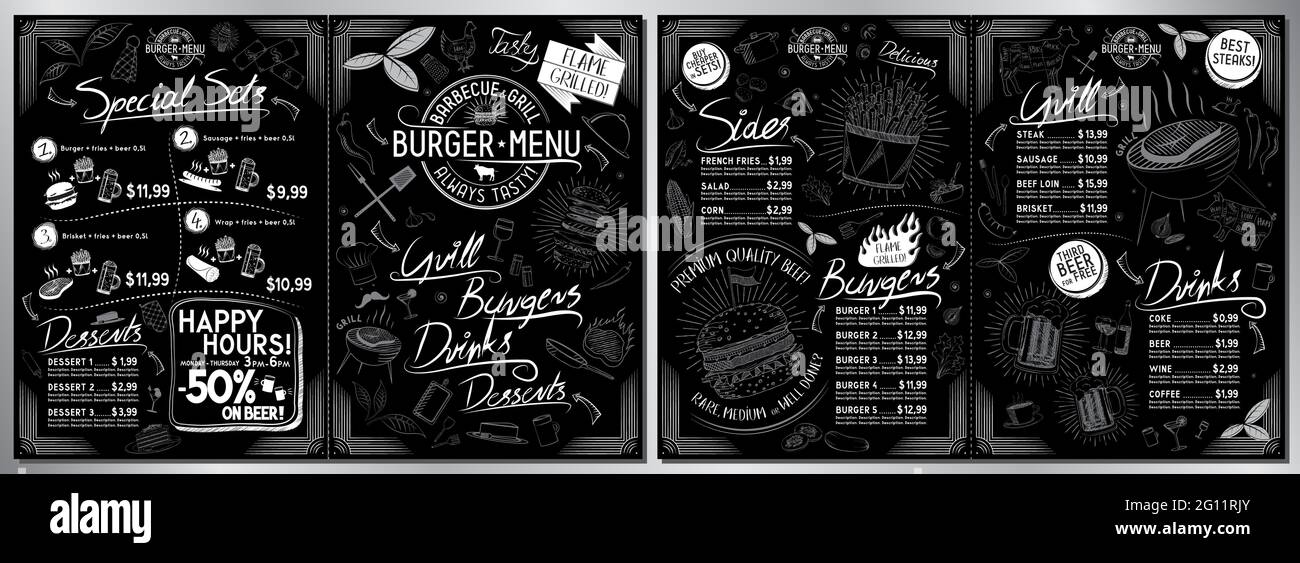 Burger bar menu template A3 to A4 size (sides, burgers, grill, drinks
