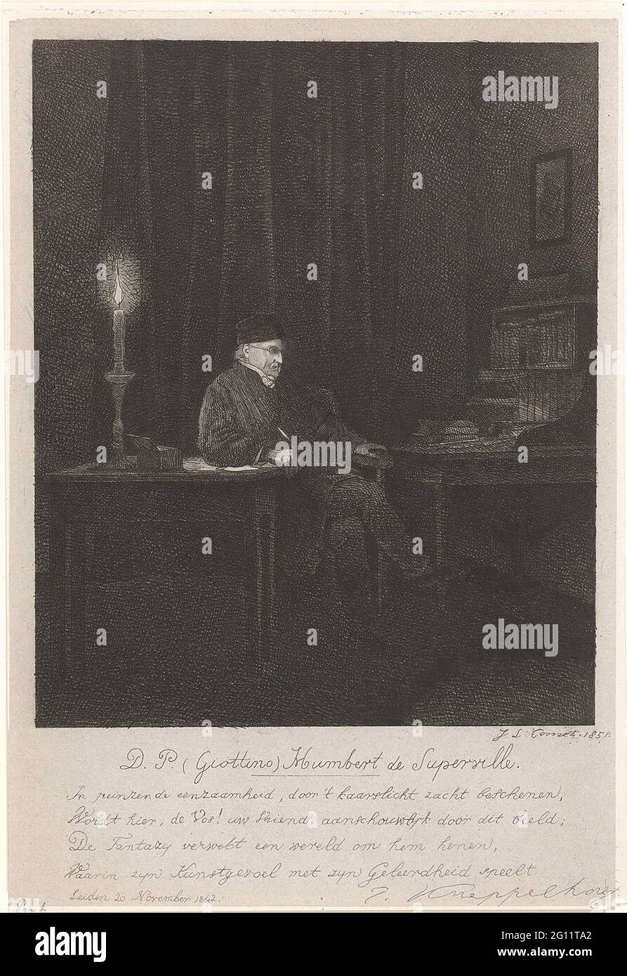 Portrait of humbert de superville. Portrait of David Pierre Giottino Humbert de Superville, an artist and art collector. Humbert de Superville is sitting at his desk. The room is only lit by a candle. The print has a Dutch caption in four verses. Stock Photo