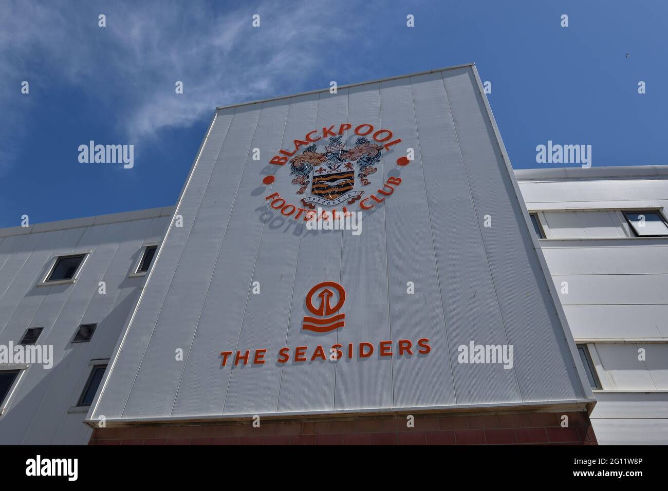 Blackpool football club emblem on side of stadium Stock Photo