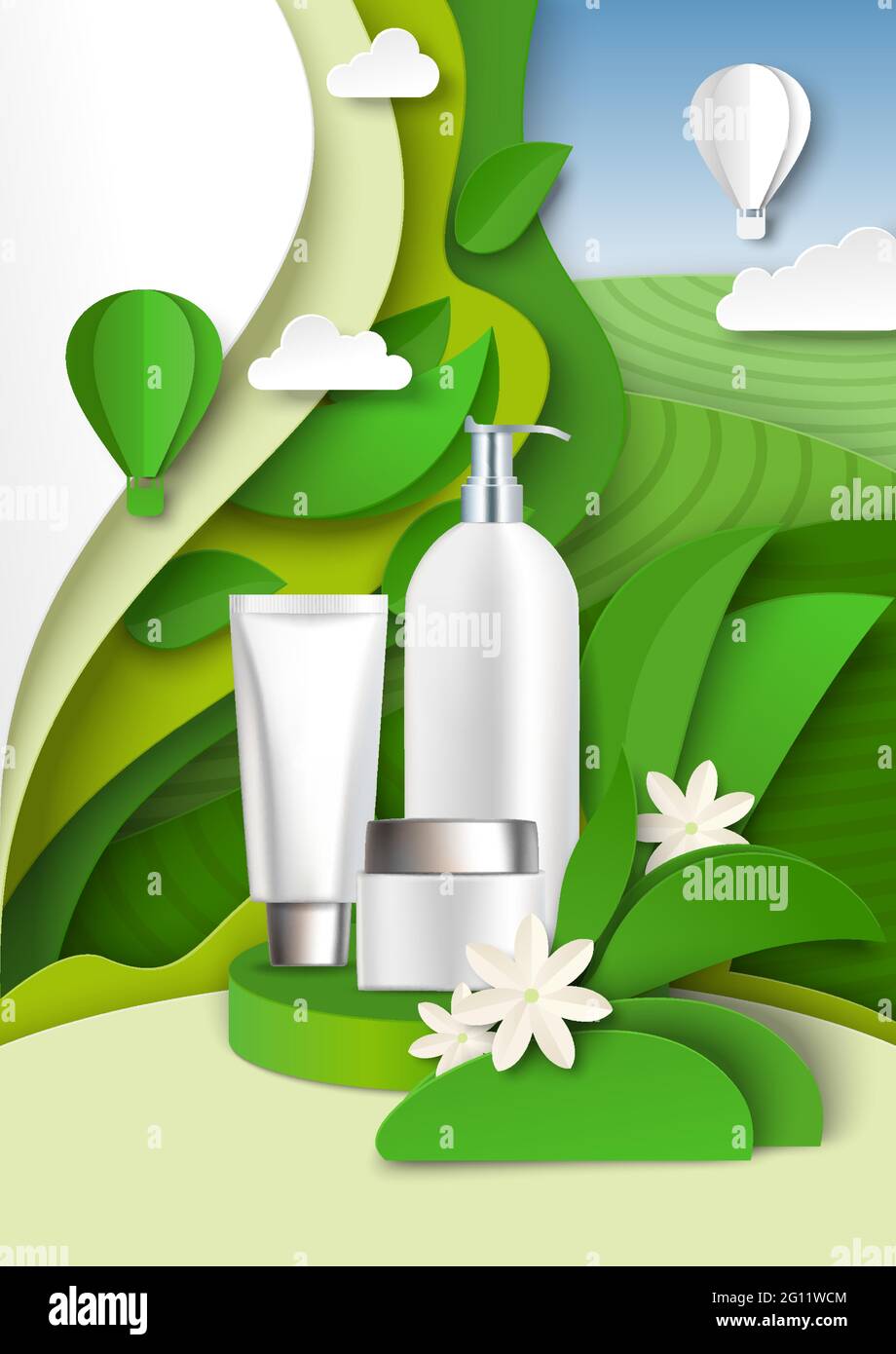Green tea extract skin care product ads template, vector illustration. Cosmetic bottle mockups