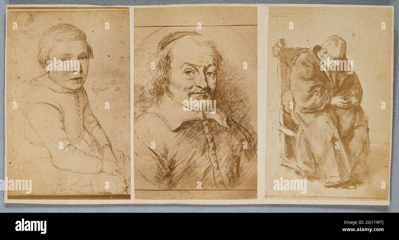 Cardboard with three reproductions of drawings, 'three portraits by Joost van den Vondel. As a young person by H. Goltzius. As a grayer and in his last years of life by pH. The Koningh. Including in the Kabinet of Mr. Jacob de Vos JBZ. And by him the fellow parties offered '(Reznicek 1961, N 49 D (current place of residence unknown), Gerson 1936, Nos. 276 and 278, Collection of the Rijksprentenkabinet / Rijksmuseum, Inv.nrs. RP-T-1884-A-367 resp. RP. RP -T-1884-A-384). Stock Photo