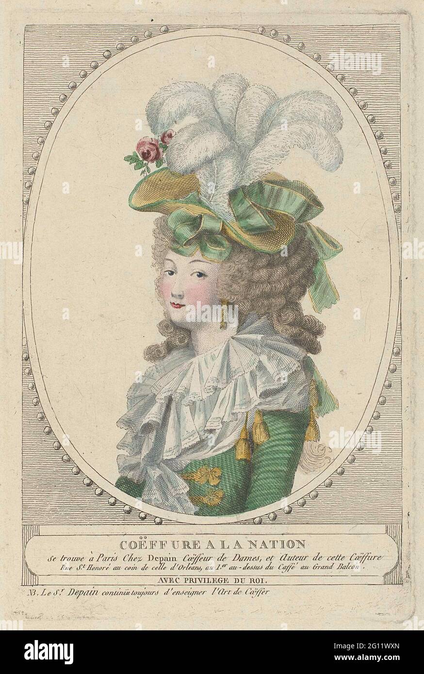 Coiffures, Poufs, Hats and Bonnets: Two Coiffures by the Hairdresser  Depain. Ladies' hairstyles were ingenious works of art, built around a core  of cushions and horsehair. Hair was piled high in curls