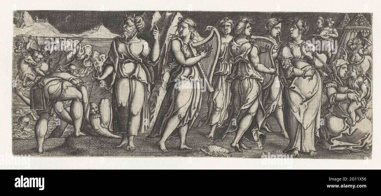 Triumph of Mirjam. Mirjam and other women play instruments. Moses looks ...