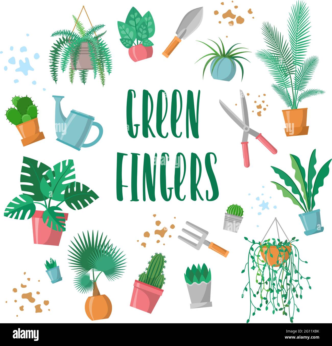 Green fingers sign with garden tools, home plants and mud, phrase for plants lovers, scissors, fork, trowel, watering pot, palm, cactus, fern, vector Stock Vector