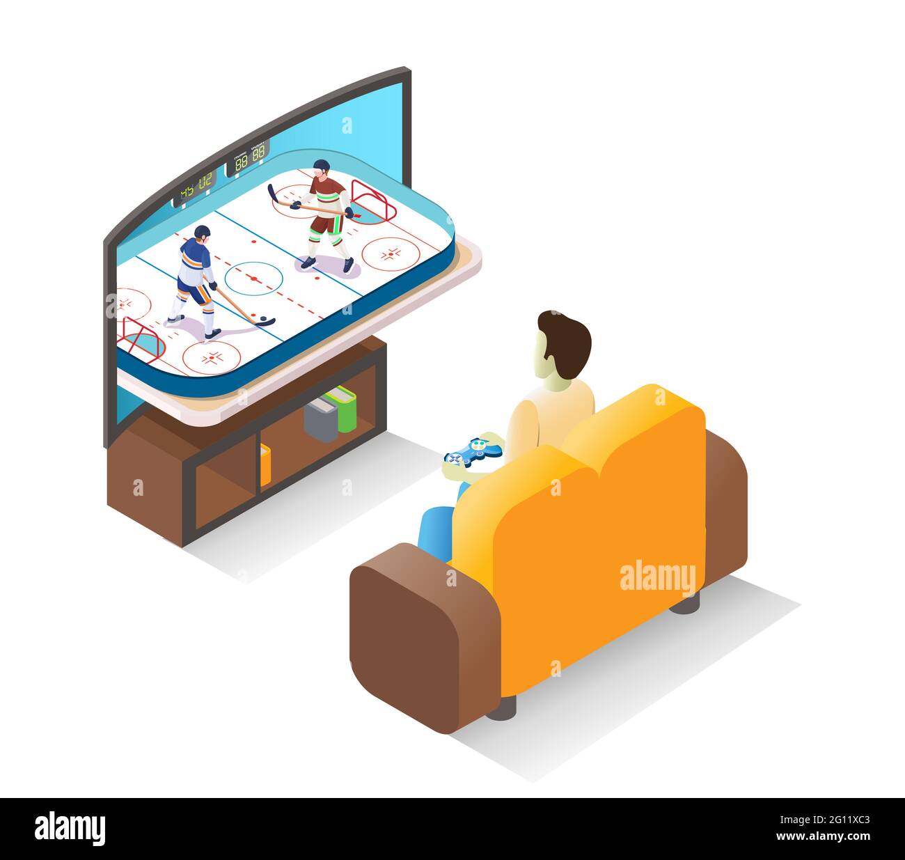 Man gamer playing ice hockey video game on tv with controller, isometric vector illustration