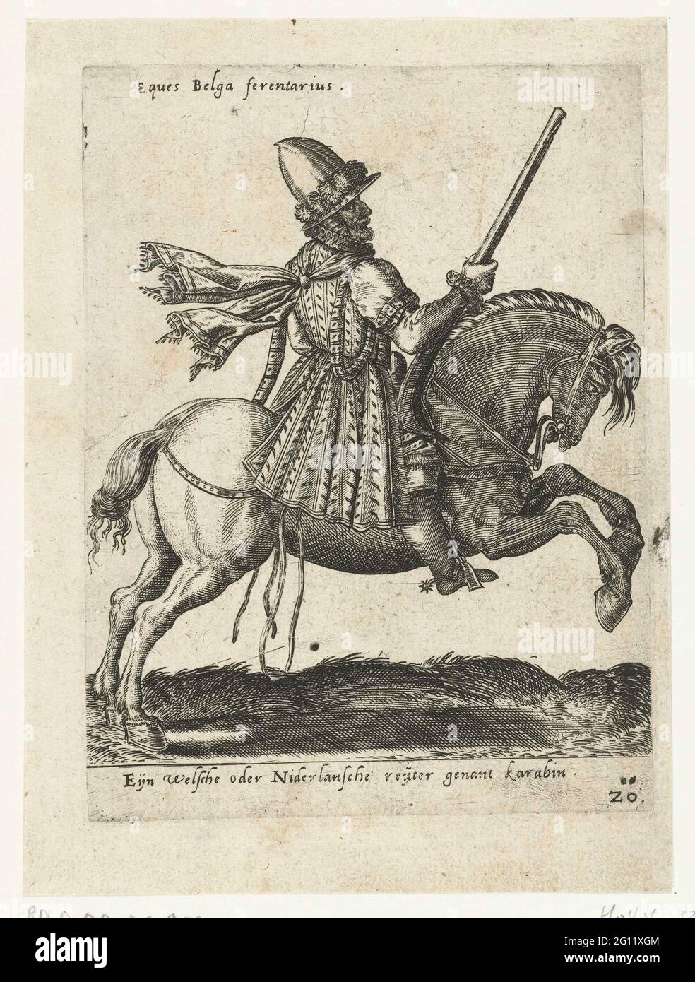 Dutch rider with carbine. Horse and rider to the right. The horse is in ...