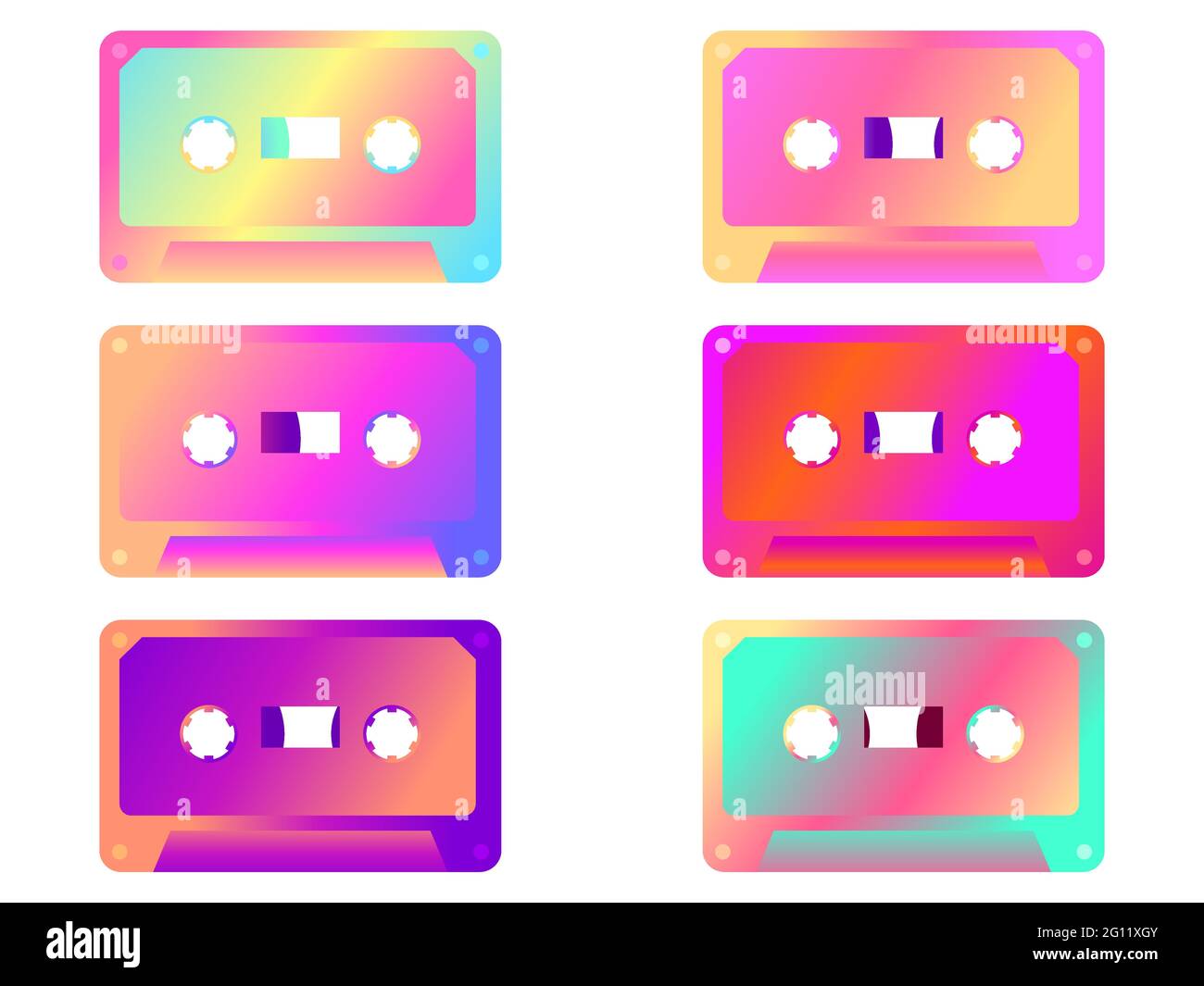 Gradient music cassette. Retro audio cassettes isolated on white background. 70s - 90s style icons set. Vector illustration Stock Vector