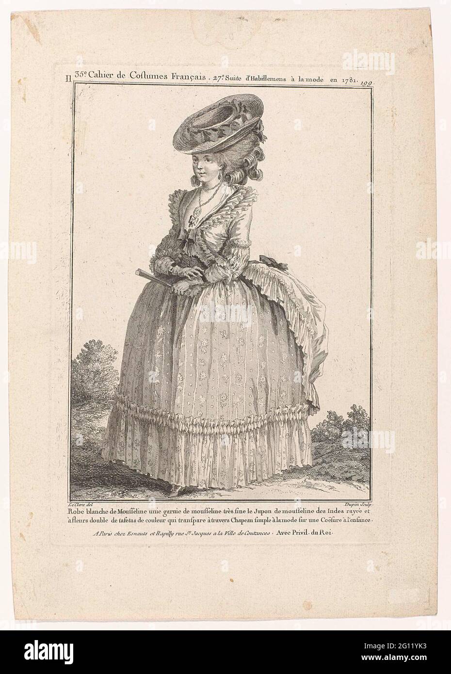 Gallery des Modes et Costumes Français, 1781, II 199 (bis): Robe Blanche de  Mousselin (...). Woman in white joke of solid muslin decorated with fine  muslin. 'Manches and Sabot'. Underskirt from 'Mousseline