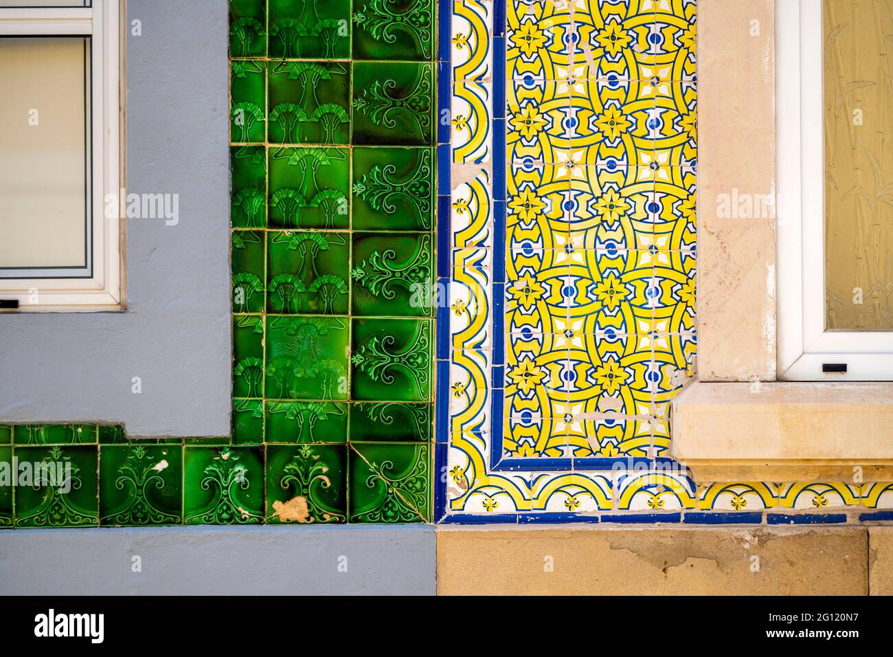 Close up of typical tiles on the facades of old houses in Olhao, Algarve, Portugal Stock Photo