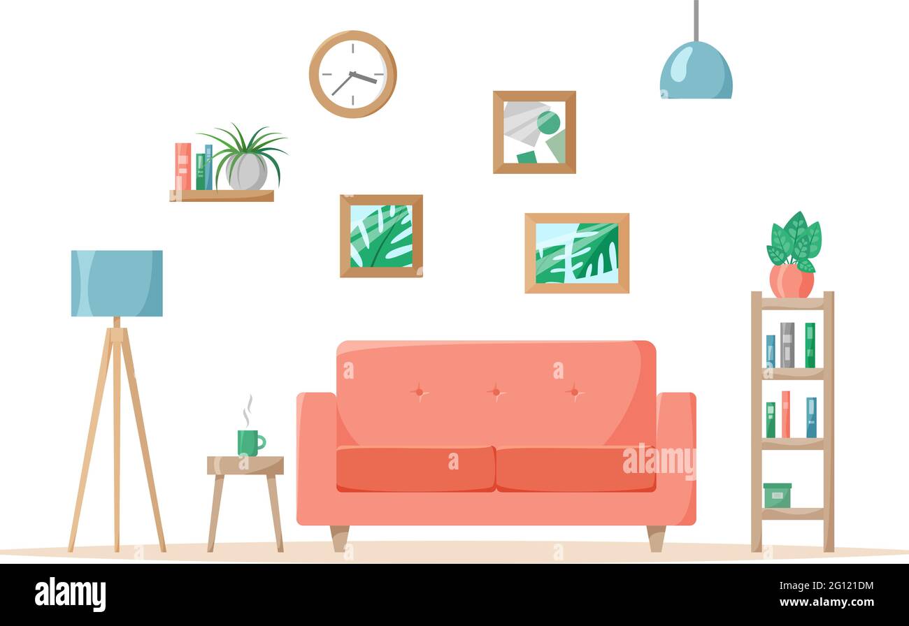 Living room in flat style, home illustration with sofa, lamp, house ...