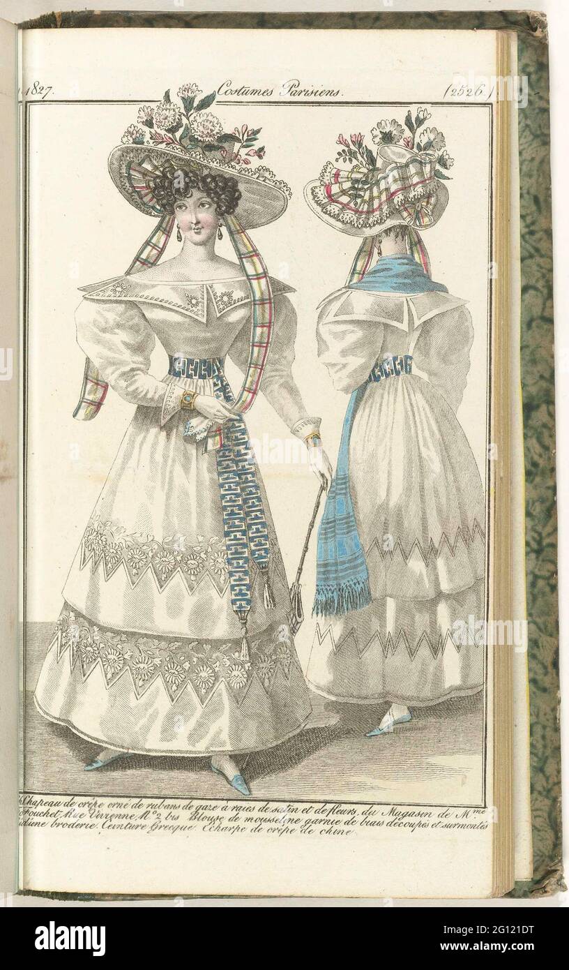 Journal des Ladies et des Modes, Costumes Parisiens, 15 août 1827, (2526):  Chapeau de crepe .... 'Blouse' from muslin decorated with a 'Biais Découpés  et surmontés d'Une Brouderie'. On the head a