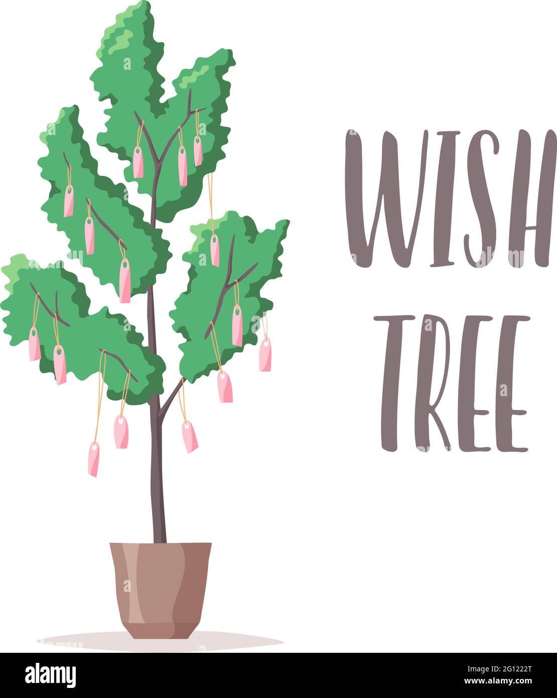 Wish tree illustration and lettering, notes and labels with wishes hang on tree, written desires and dreams, plant in pot, vector Stock Vector