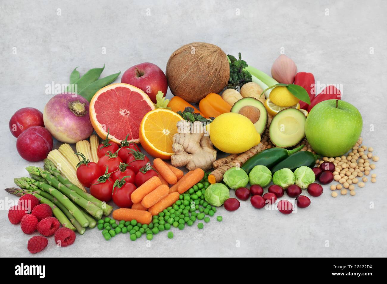 Health food for a balanced diet with fruit, vegetables & legumes high