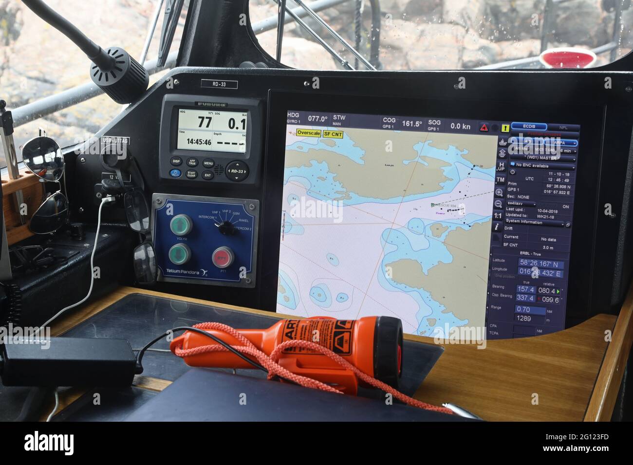 Navigation equipment in a boat in Arkösund, in the Baltic sea. Stock Photo