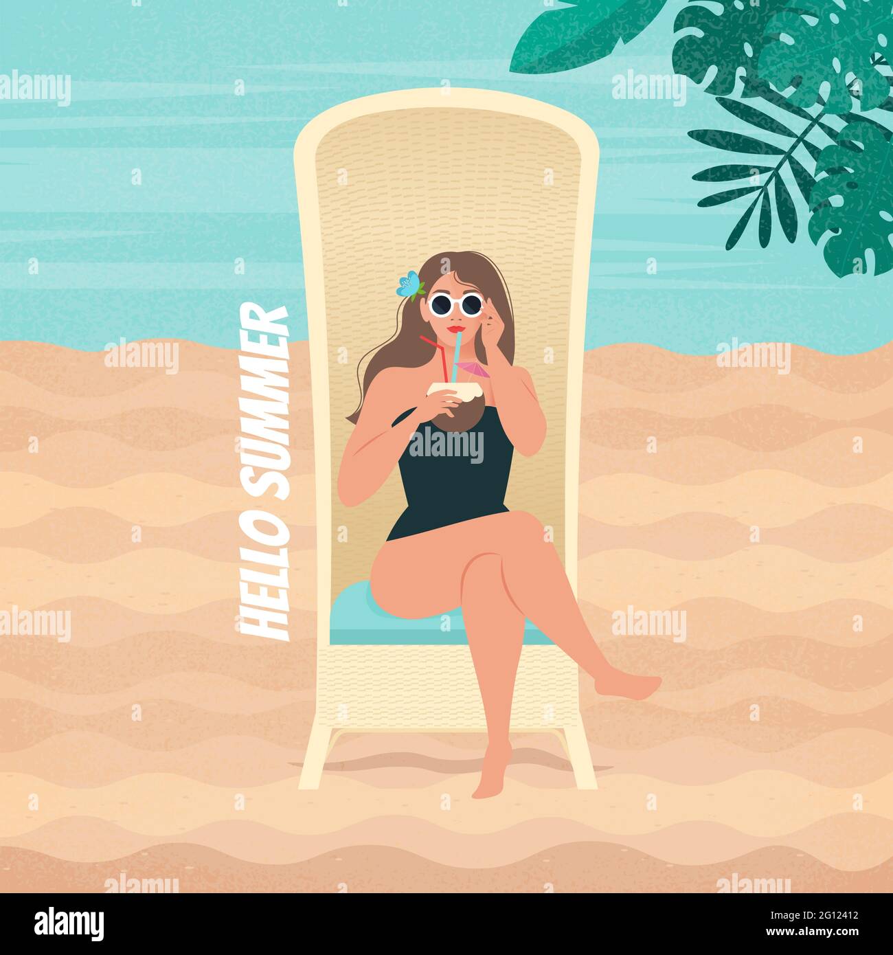 Retro poster with beautiful woman resting on the beach, sitting on the old sunbed and drinks cocktail. Vector illustration, flat style Stock Vector