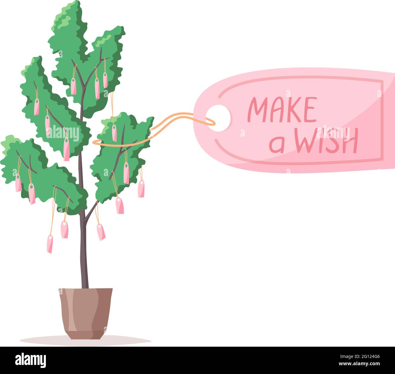 Wish tree, make a wish lettering, notes and labels with wishes hang on tree, written desires and dreams, plant in pot, vector illustration and sign Stock Vector