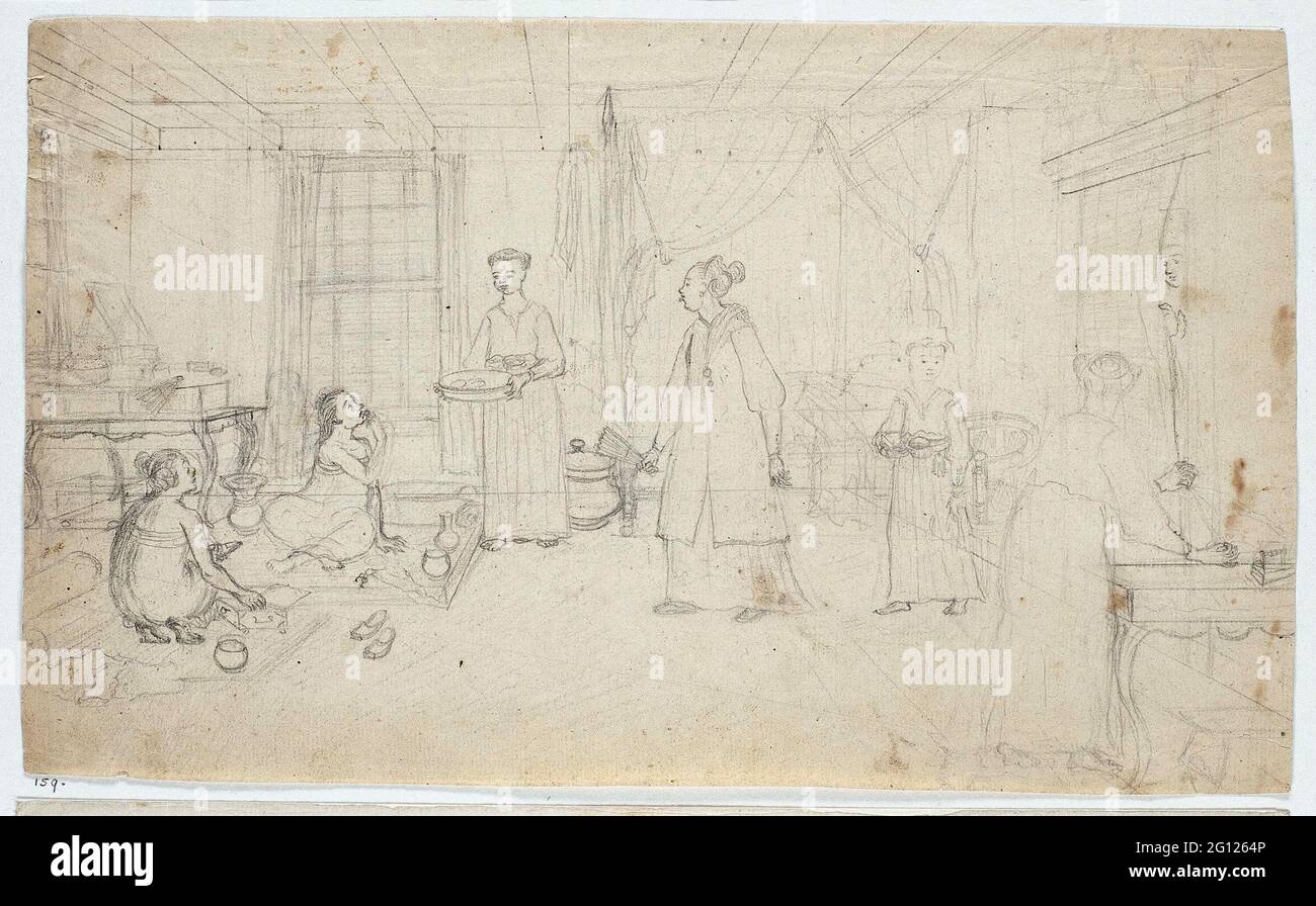 Woman deduction in Batavia. Voyeuristic view in a woman's deduction in a house in Batavia. The woman of the house in sleeping shirt in tailor seat on the ground, with her a Sirih slave and a slave tray. The woman just puts something in her mouth and looks up towards a lady with a range that comes in followed by a slave. Behind a bed with mosquito net, left a table with a model or dollhouse. Through a curtain right the voyeur sticks his head inside. Stock Photo