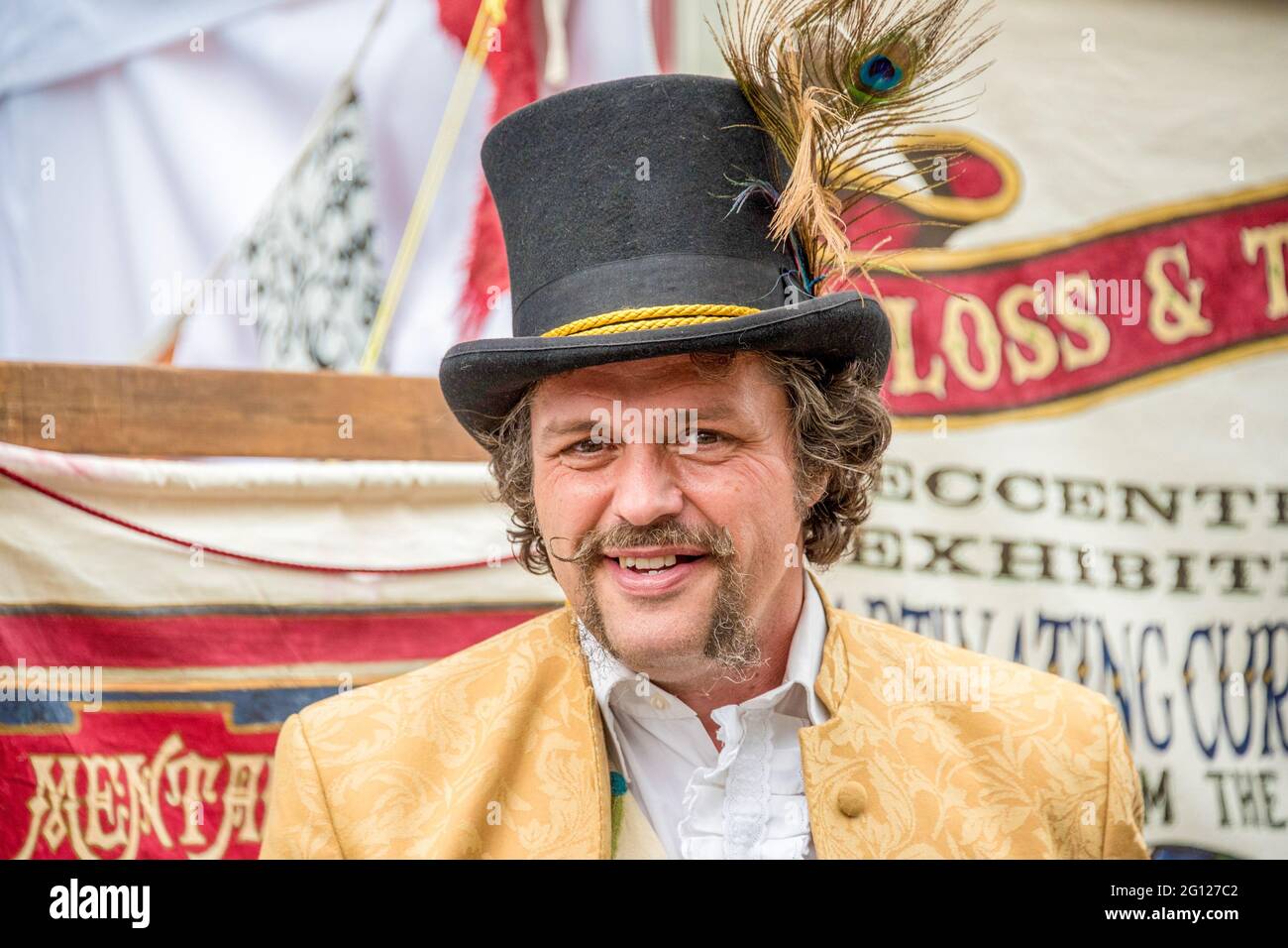 Performer of the group, 'Mental Floss Sideshow - Floss & Tann's Wunderkammer', at Buskerfest Toronto 2015. The 16th Edition of The Toronto Internation Stock Photo