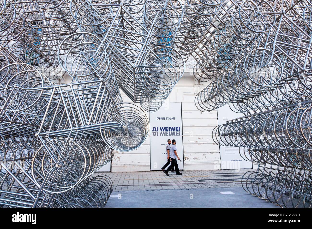 Argentina Buenos Aires Caminito Barrio de la Boca Fundacion PROA contemporary art center museum gallery exhibition sculpture Ai Weiwei Forever Bicycle Stock Photo