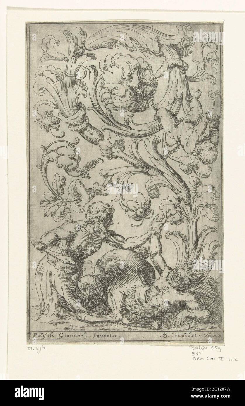 Triton and Rebleached Centaur; Disegni Varii. A leaf drink in the  background grows that a child is hanging. Series of 10 blades with vertical  panels full of leaf raft, figures and animals