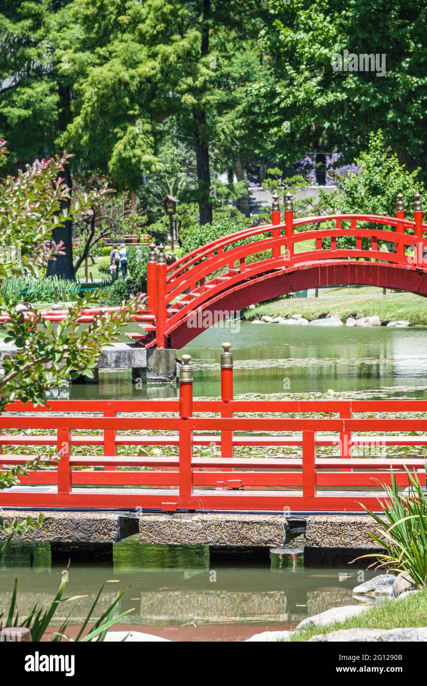 Argentina Buenos Aires Recoleta Japanese Garden Jardin Japones botanical carp lake wooden bridge vegetation Stock Photo