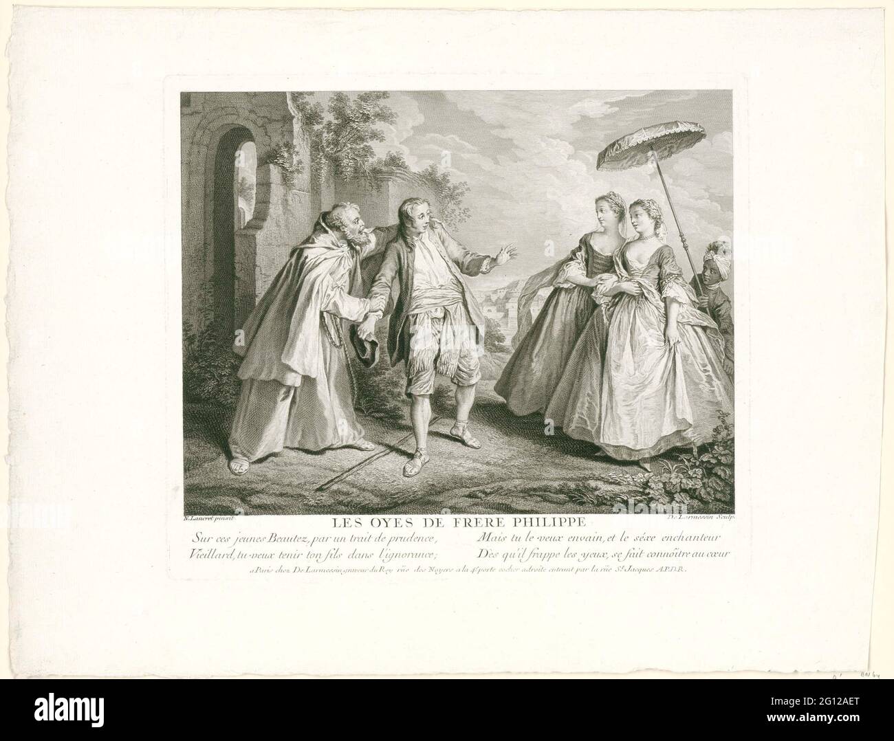 Les Oyes De Frère Philippe. In a landscape environment, a monk holds a young man at the arm and shoulder. The boy is surprised when seeing two handsome ladies under a parasol held up by a dark boy. In the accompanying four-line French verse, the monk wants to protect the boy for the seductions of the ladies. The print is based on a painting by the French artist Lancret (1690-1743), inspired by a Fable of La Fontaine. Stock Photo